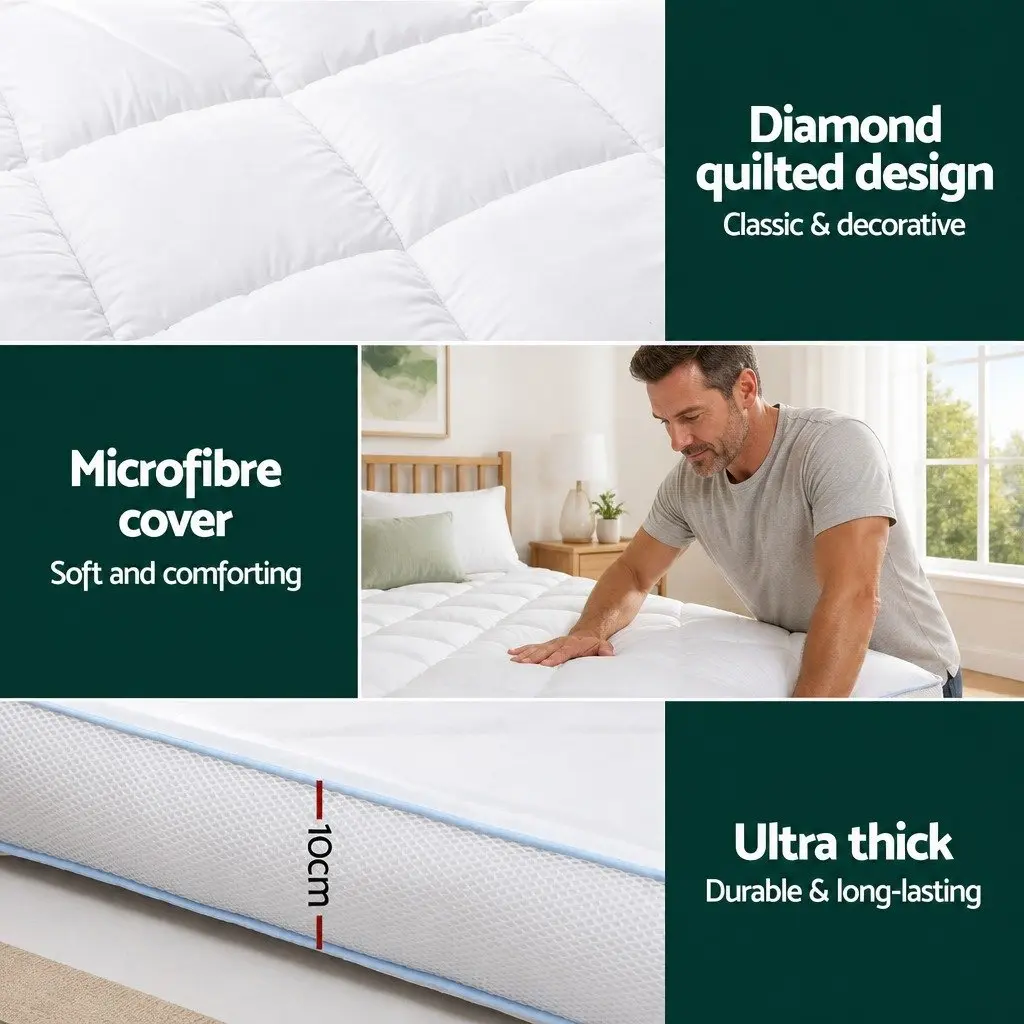 Queen Mattress Topper 10cm Thick Pillowtop Pad Cooling Underlay Back Pain Relief