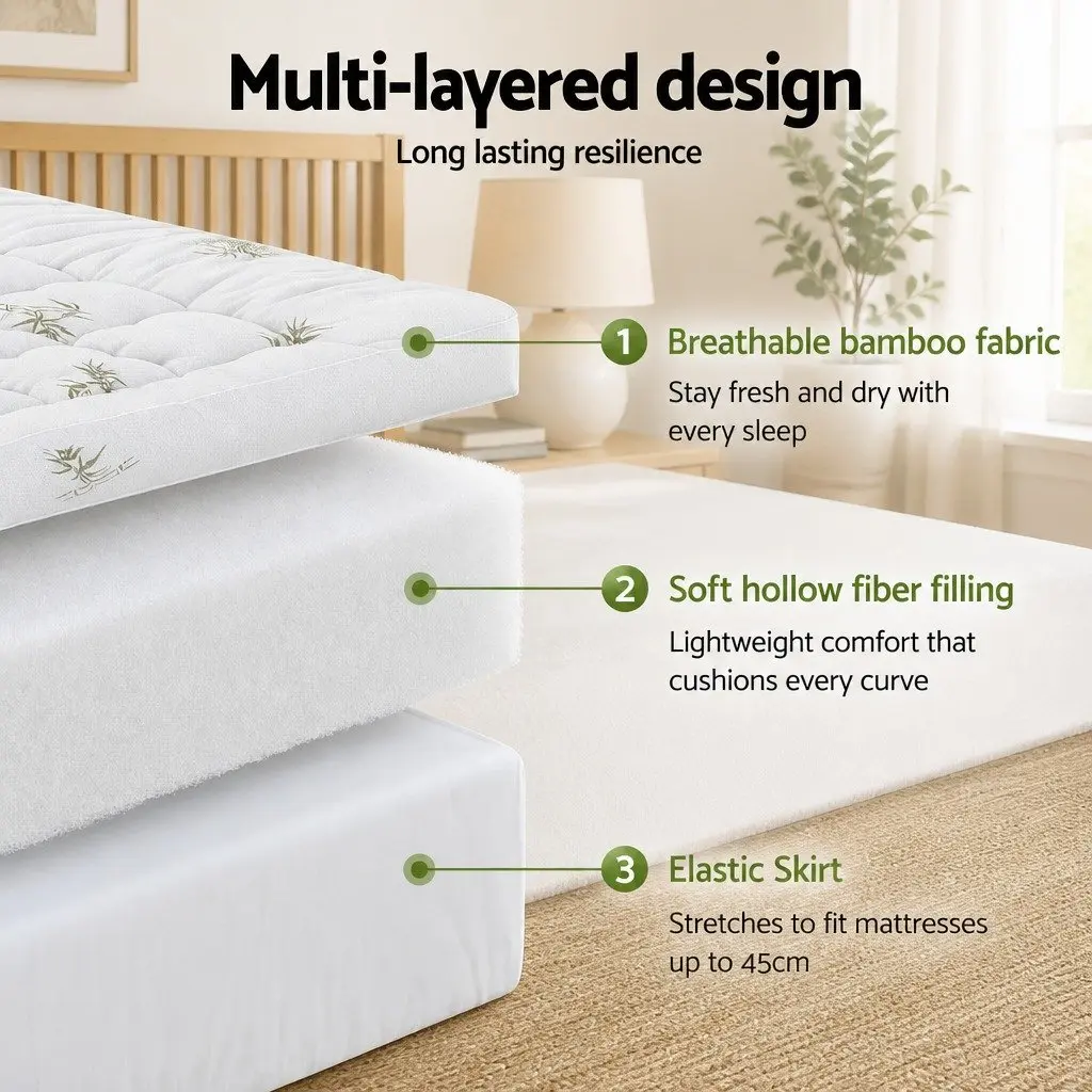 Pillowtop Mattress Topper 11cm Thick Bamboo Blend Fabric Double Bed 1500GSM Hollow Fibre