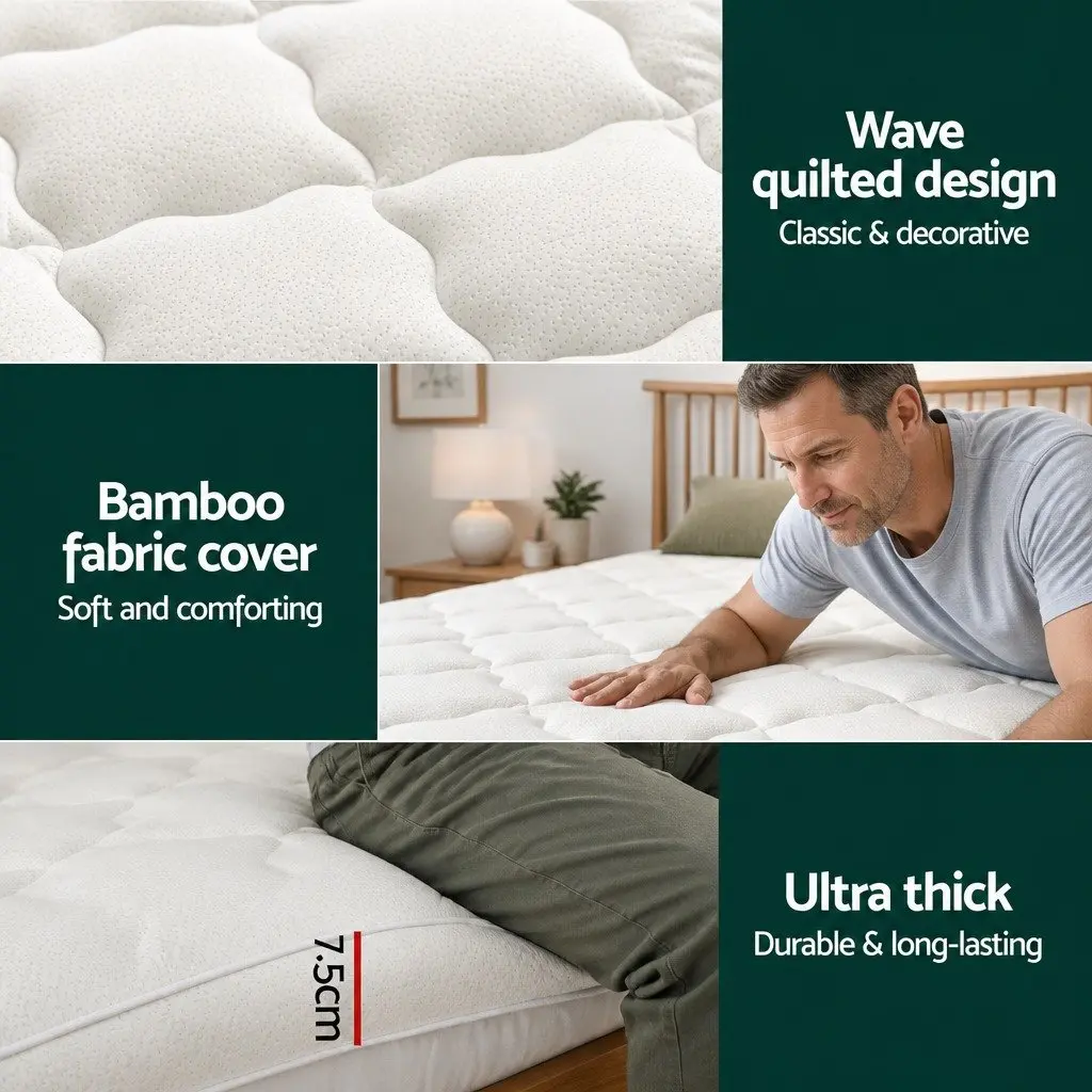 King Mattress Topper 7.5cm Thick Bamboo Cover Washable Microfibre Fill