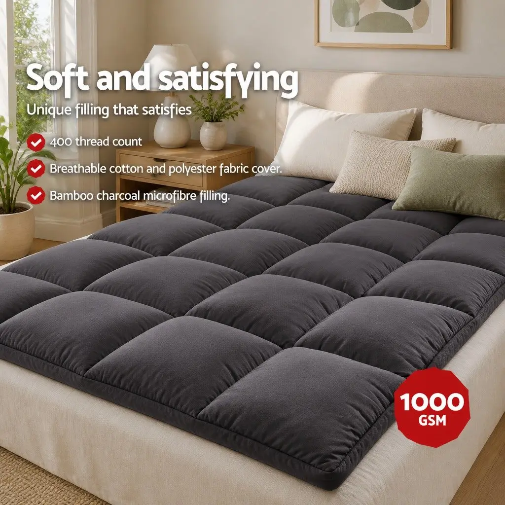 Mattress Topper Double Bed 5cm Thick Bamboo Charcoal Microfibre Cooling Pad Grey