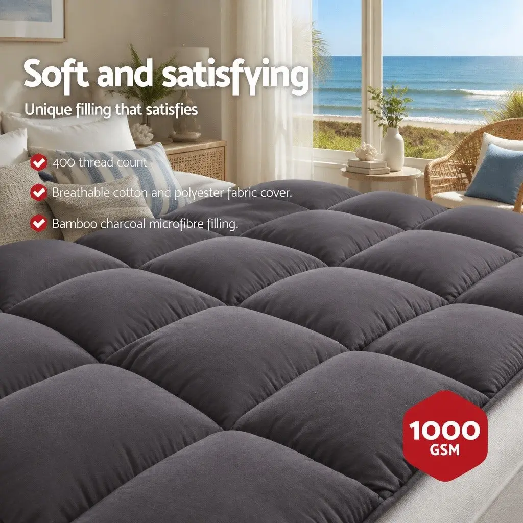 King Single Mattress Topper 5cm Thick Bamboo Charcoal Microfibre Cooling Pad Grey