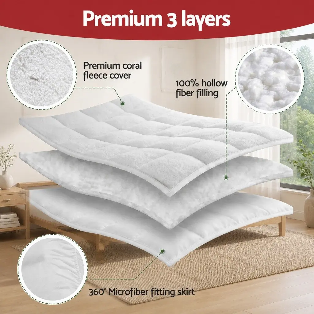 Mattress Topper King Size 5cm Thick Pillowtop Coral Fleece Cover Breathable Fitted Elastic Skirt