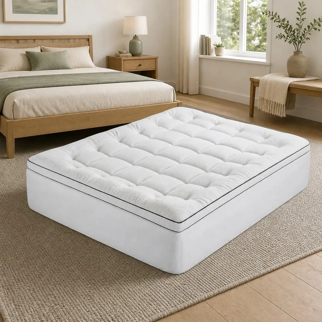 Queen Mattress Topper 5cm Pillowtop Coral Fleece Fabric Baffle Box Stitch Construction