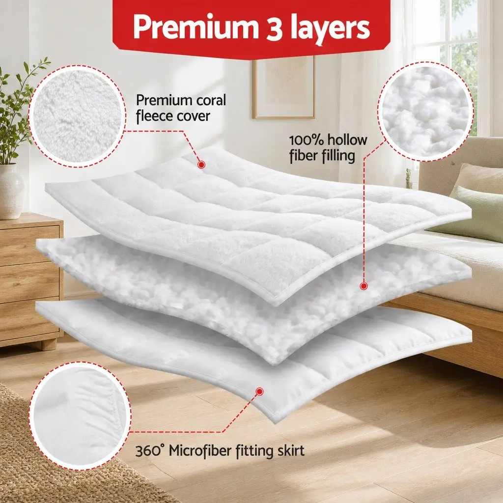 Queen Mattress Topper 5cm Pillowtop Coral Fleece Fabric Baffle Box Stitch Construction