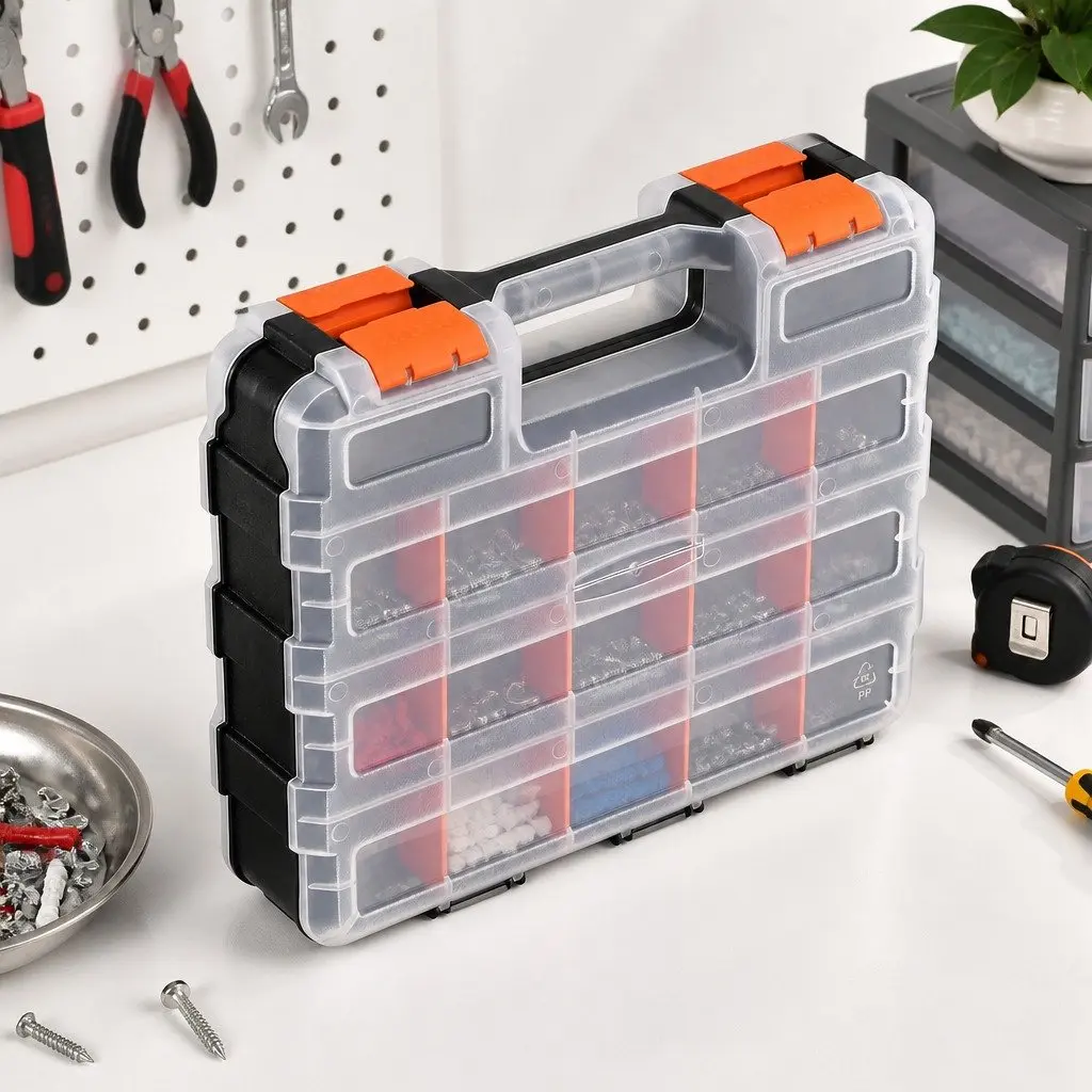 Double Sided Tool Box Organizer 34 Compartment Adjustable Storage with Clear View Lids and Secure Clip Locks