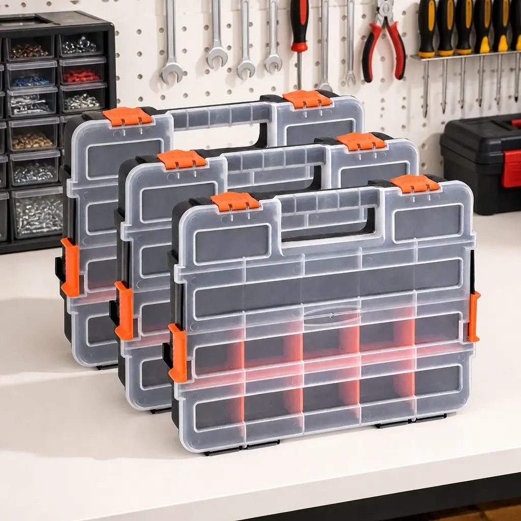 Tool Box Organizer 3 Pack Small Parts Storage Boxes with Latches and 17 Compartments