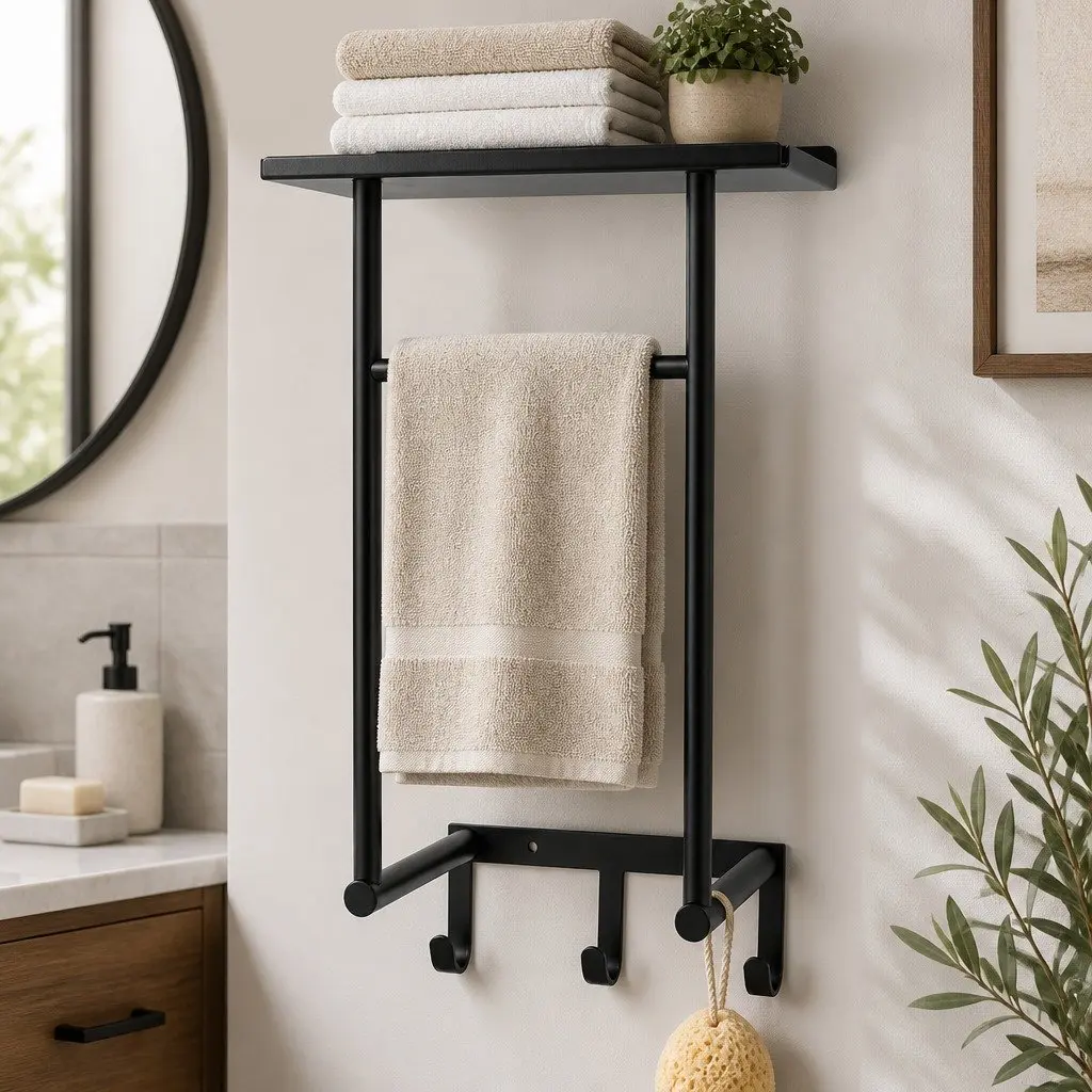 Wall Mounted Towel Rack 3 Hooks Spacious Shelf Carbon Steel Black