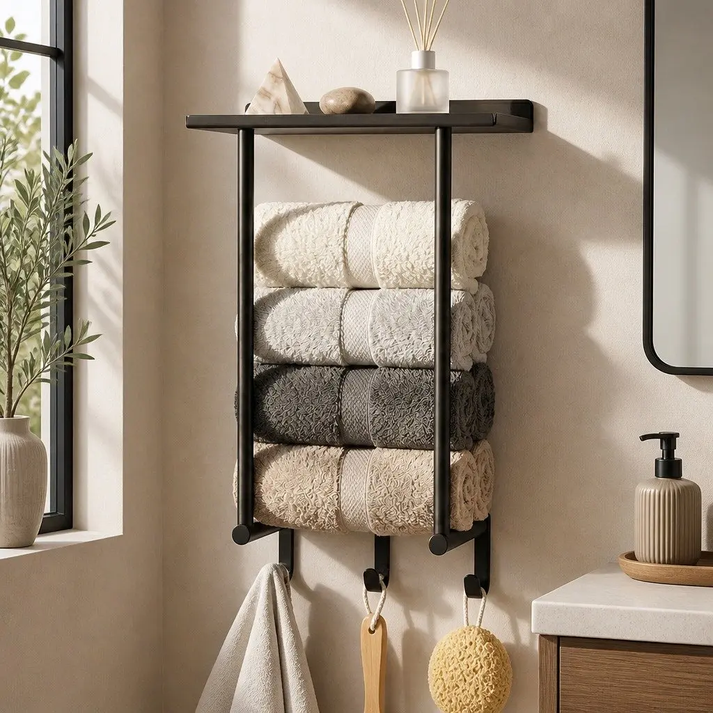 Wall Mounted Towel Rack 3 Hooks Spacious Shelf Carbon Steel Black