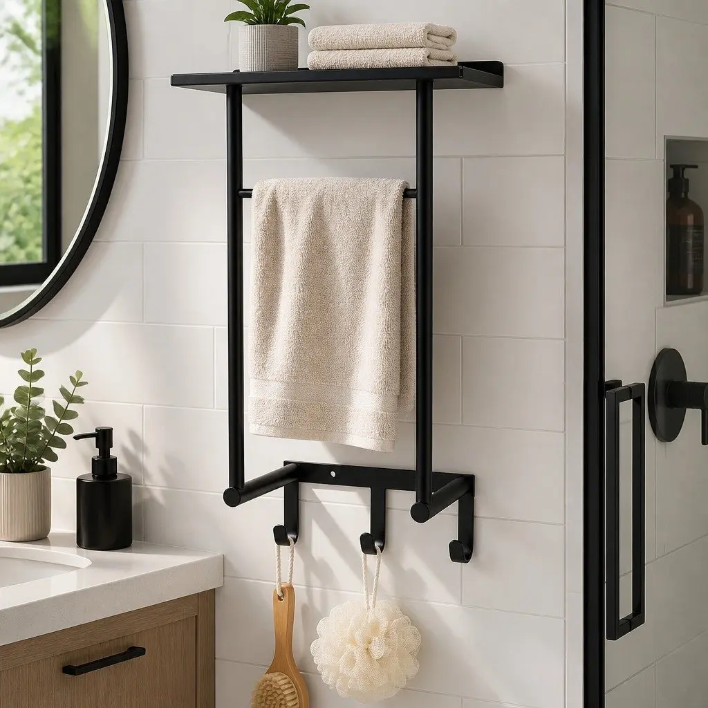 Wall Mounted Towel Rack 3 Hooks Spacious Shelf Carbon Steel Black