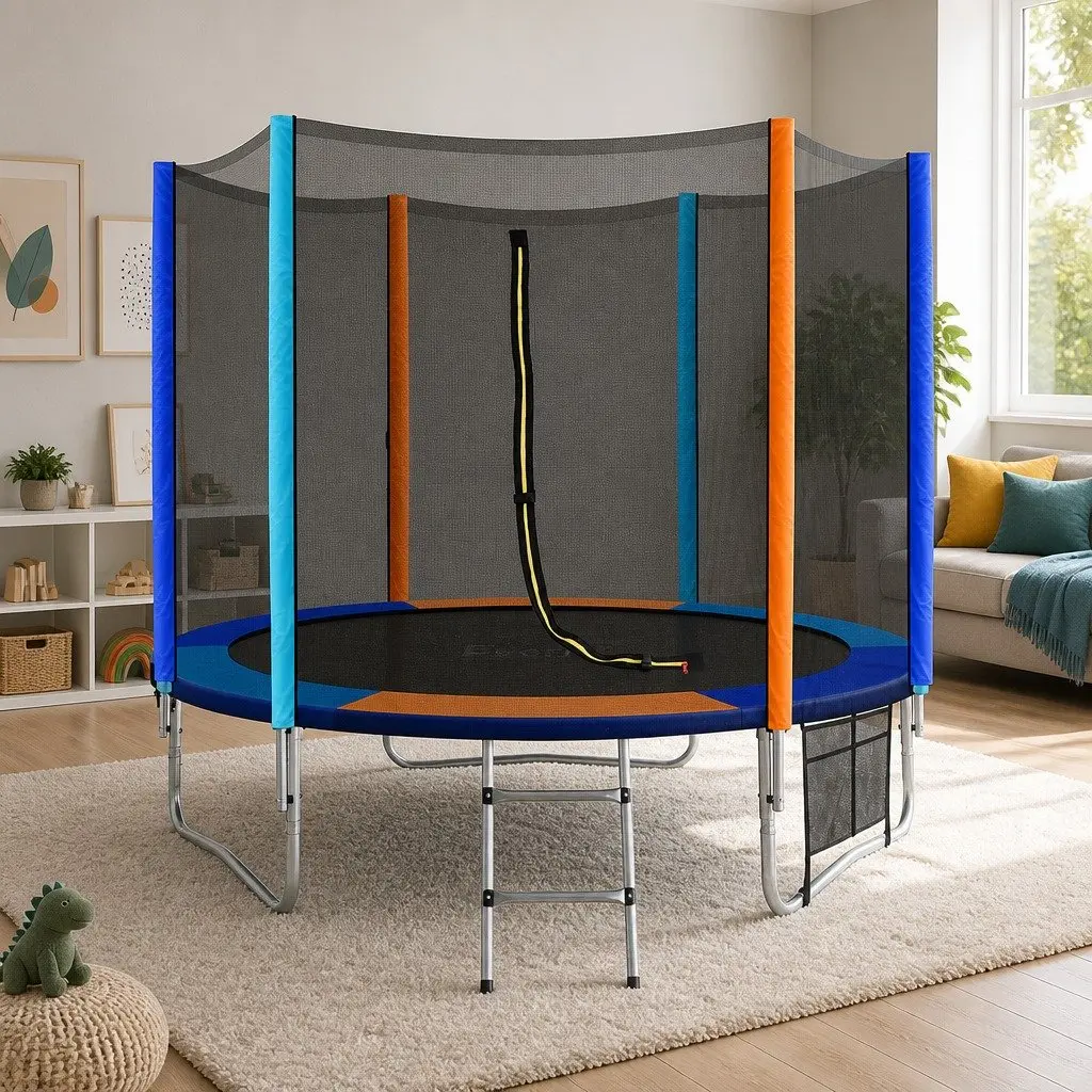 Round Trampoline 8FT for Kids with Safety Enclosure Net Ladder and Padded Rail Rainbow