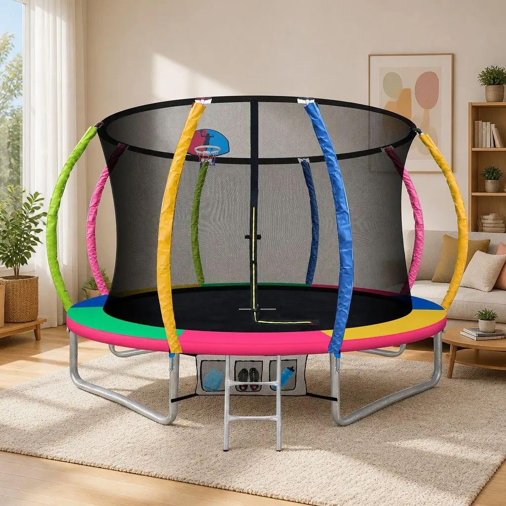 Kids Trampoline 10FT Outdoor Rebounder with Safety Enclosure Net Integrated Ladder Basketball Set