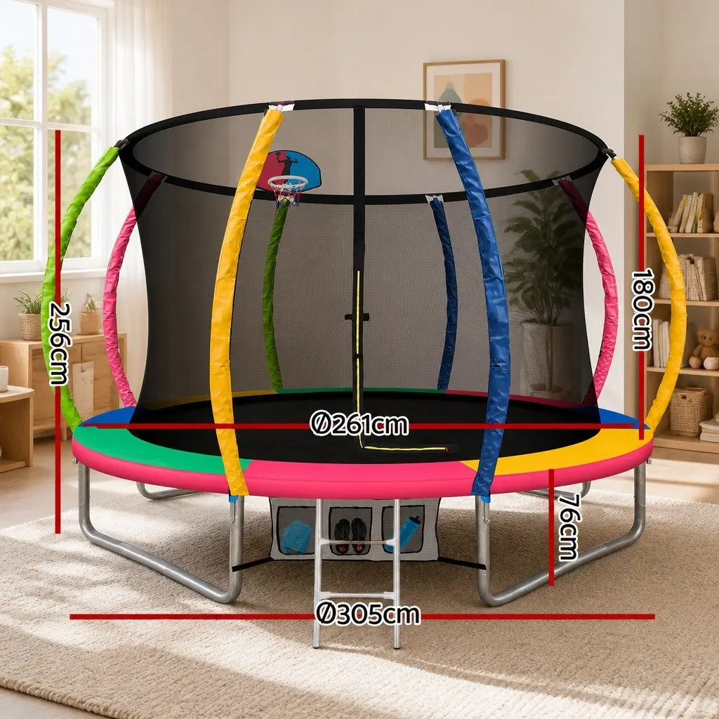 Kids Trampoline 10FT Outdoor Rebounder with Safety Enclosure Net Integrated Ladder Basketball Set
