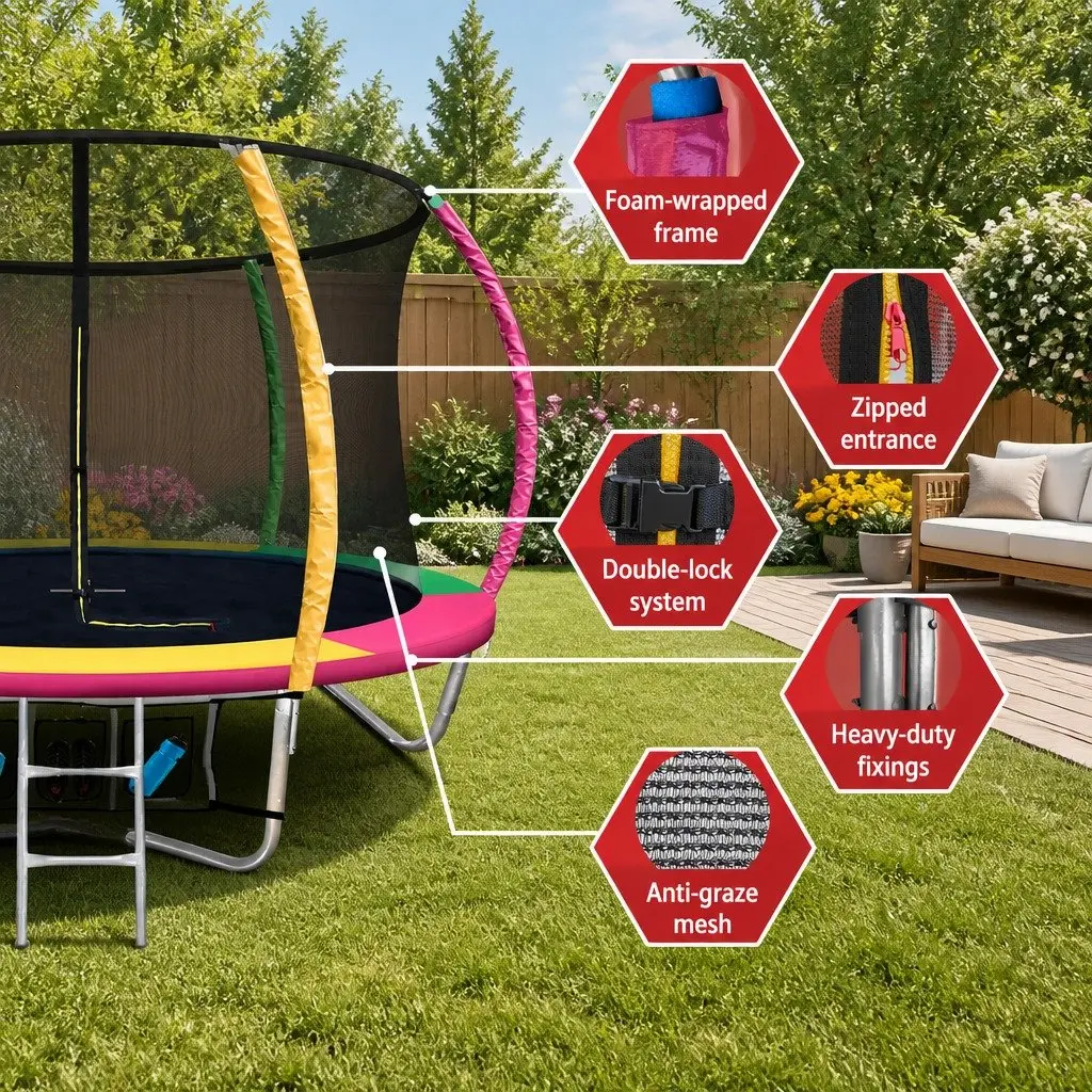 8FT Kids Trampoline Heavy-Duty Safety Enclosure Net with Ladder Garden Rebounder