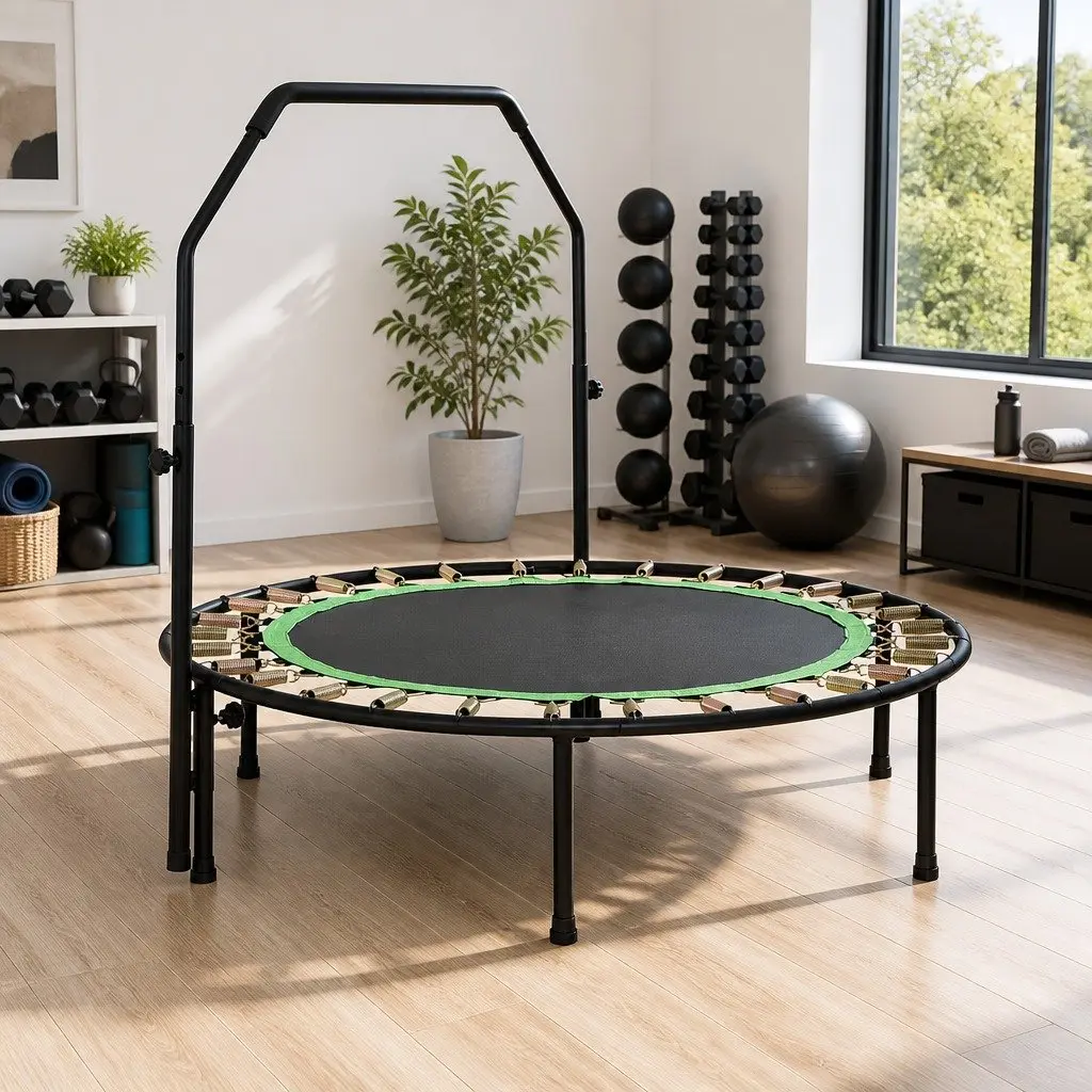 Round Trampoline 48 Inch Rebounder with Adjustable Handrail Heavy-Duty Steel Frame Anti-Slip Feet for Home Gym Fitness Training