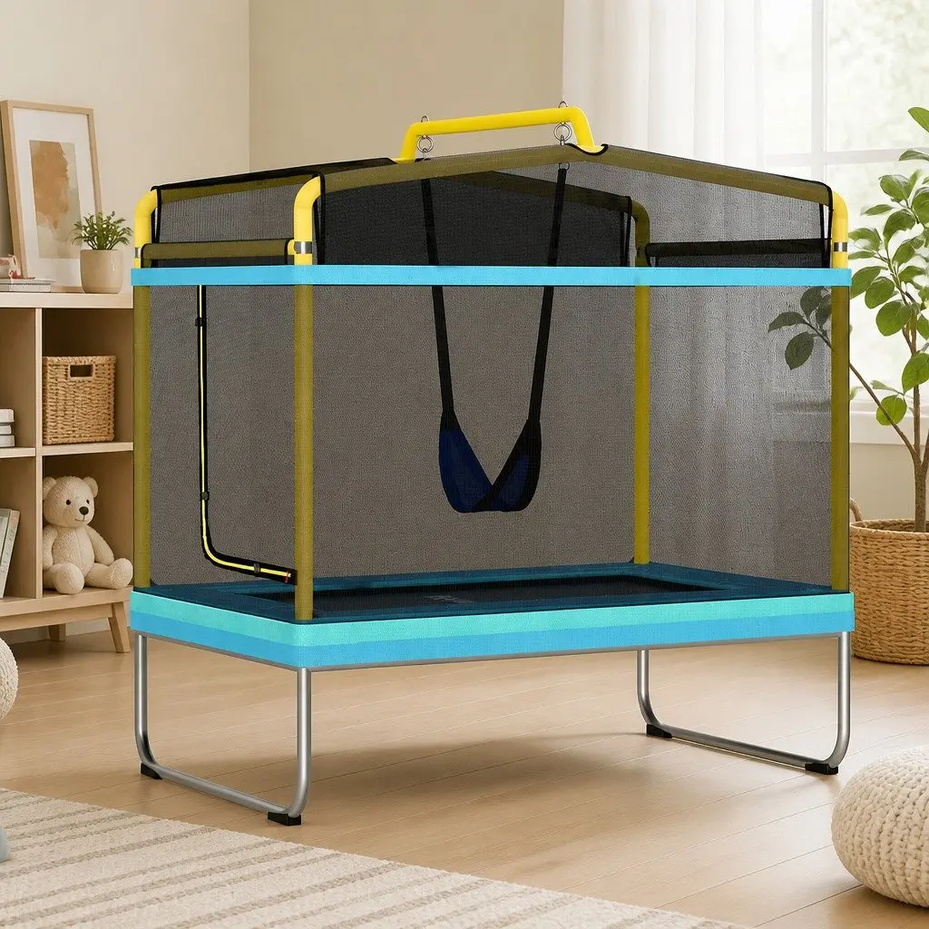 6FT Kids Trampoline with Enclosure Safety Net Durable Steel Frame Jump Mat Blue Yellow