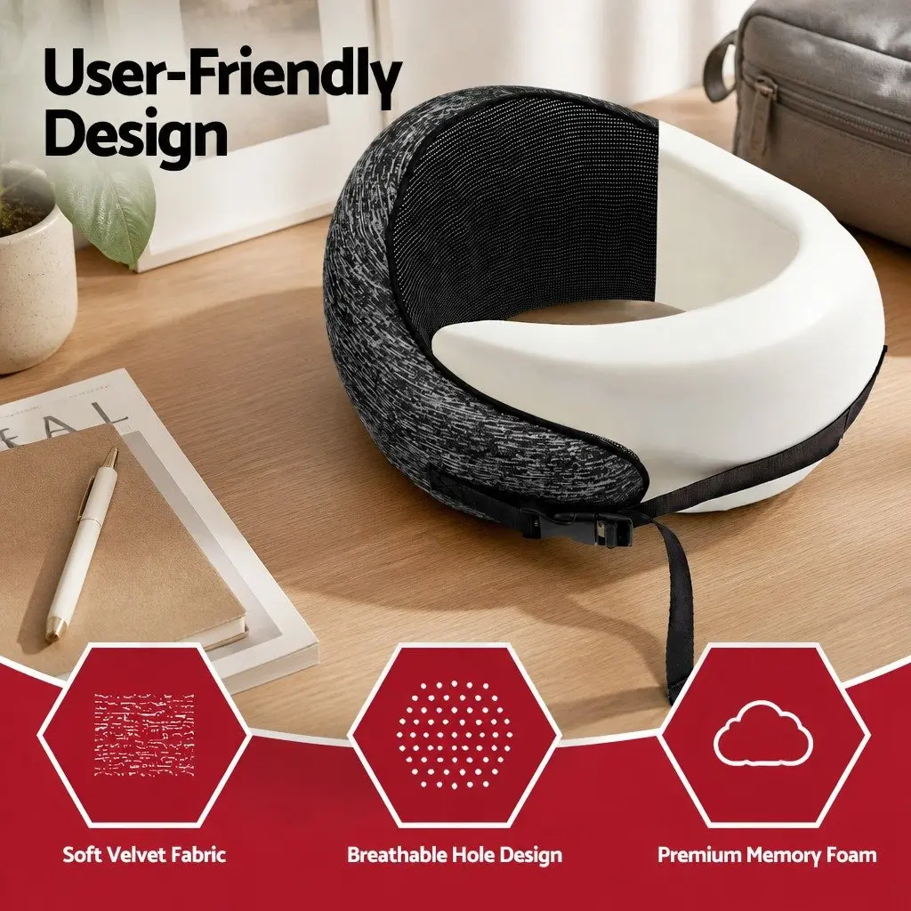 Travel Neck Pillow Memory Foam Ergonomic Support Adjustable Buckle Strap Grey