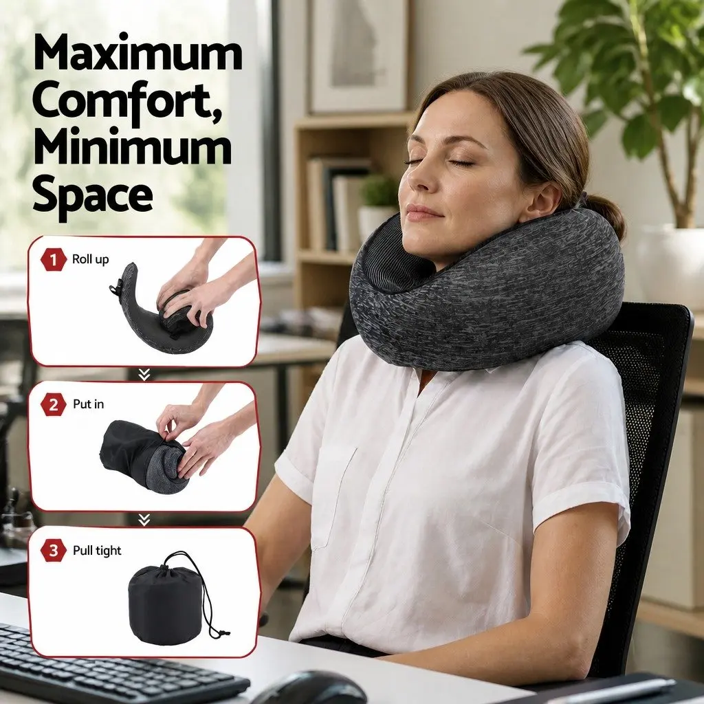Travel Neck Pillow Memory Foam Ergonomic Support Adjustable Buckle Strap Grey
