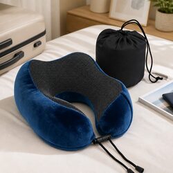 Ergonomic Travel Pillow with Storage Bag, Blue Color