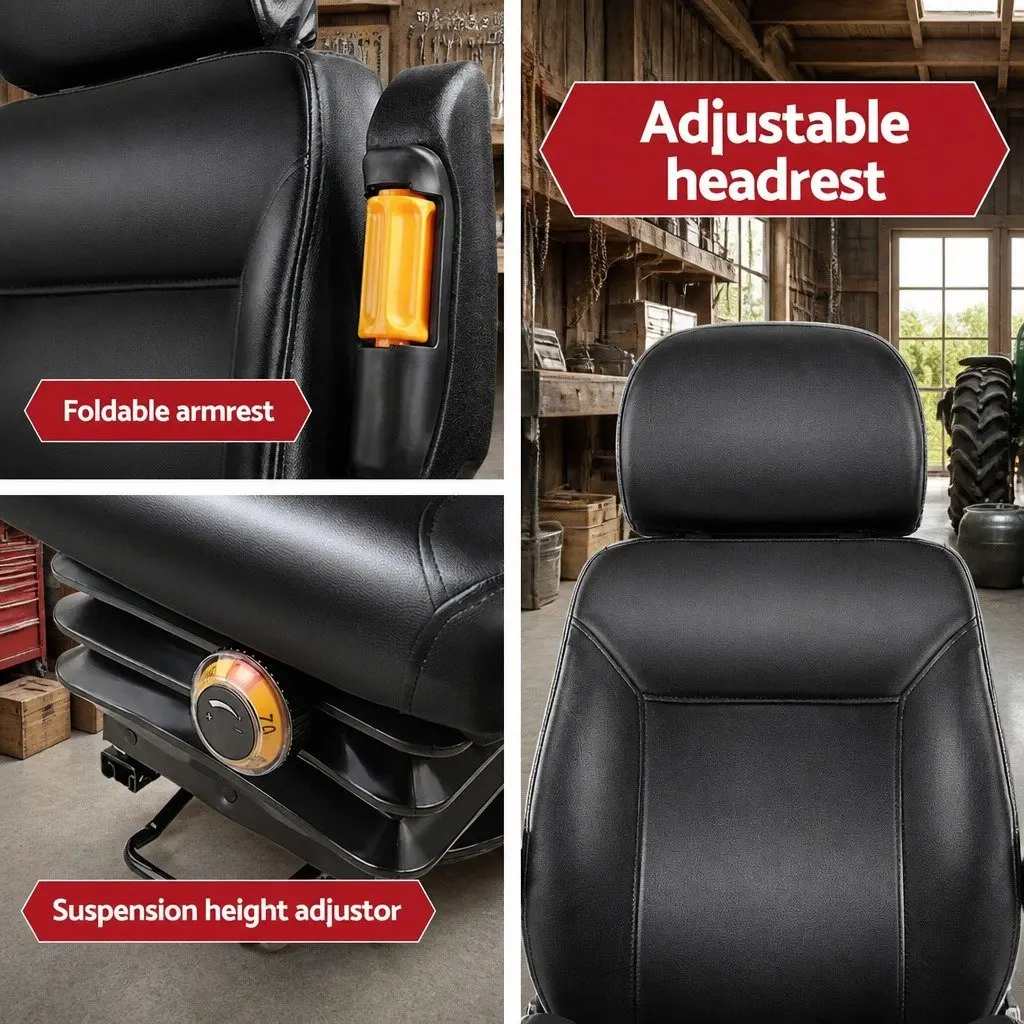 Heavy Duty Adjustable Suspension Tractor Seat Black PU for Forklifts Excavators Trucks