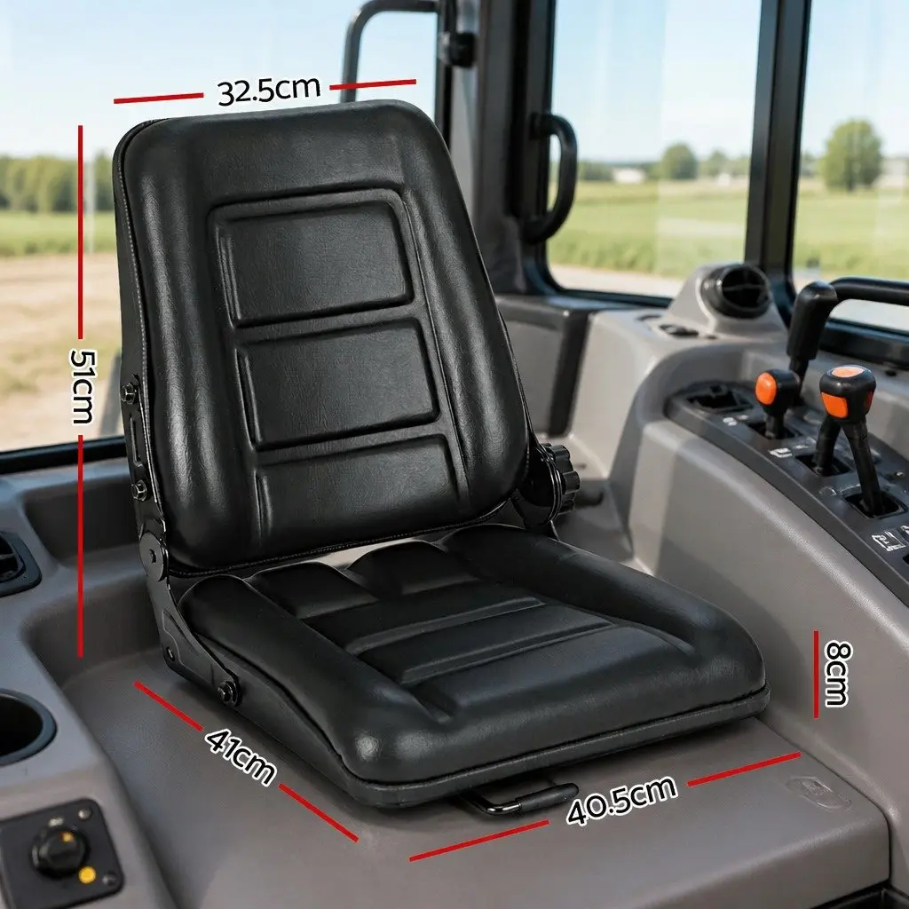 Adjustable Padded Chair Black Universal Seat for Tractors Forklifts Excavators with Steel Frame PU Leather