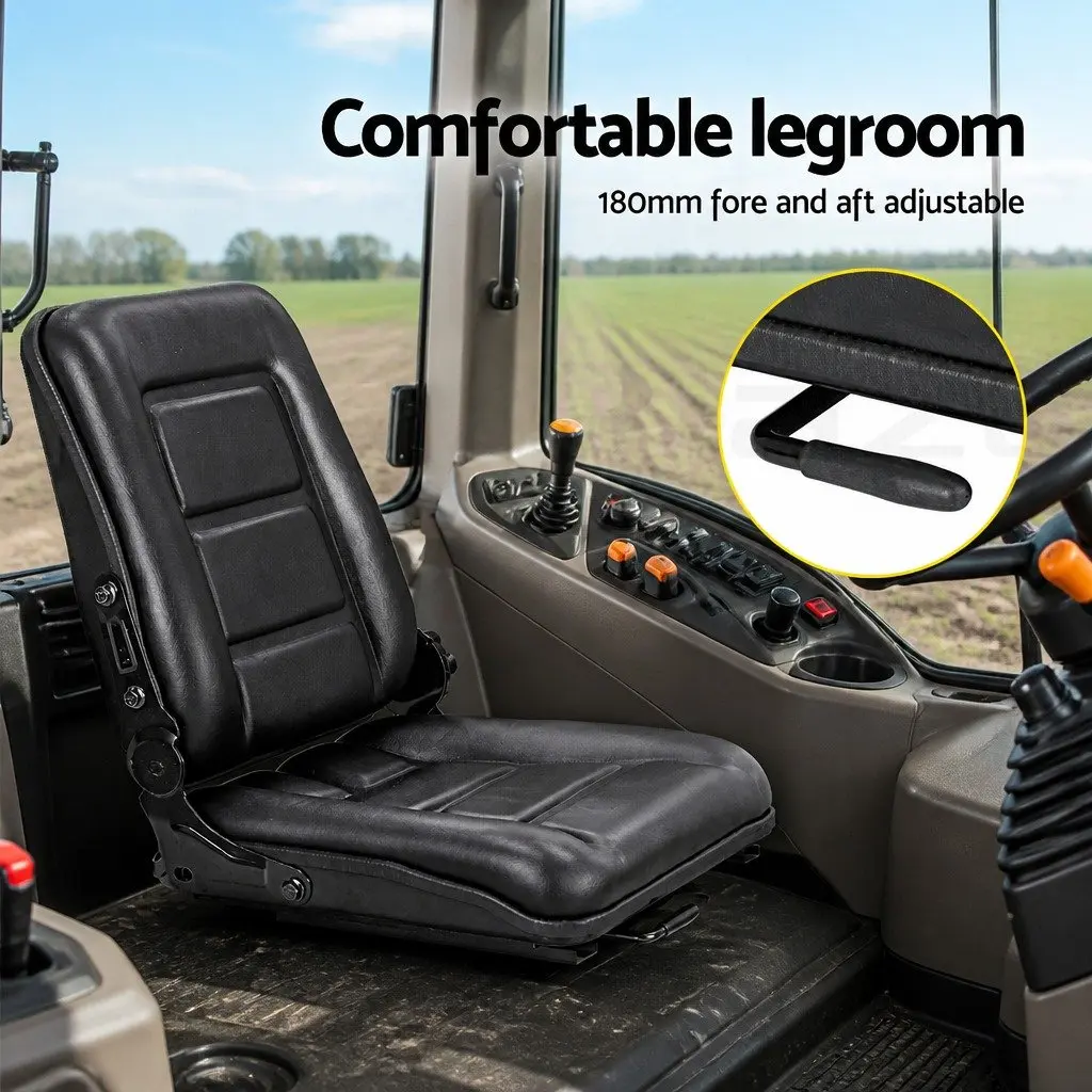 Adjustable Padded Chair Black Universal Seat for Tractors Forklifts Excavators with Steel Frame PU Leather
