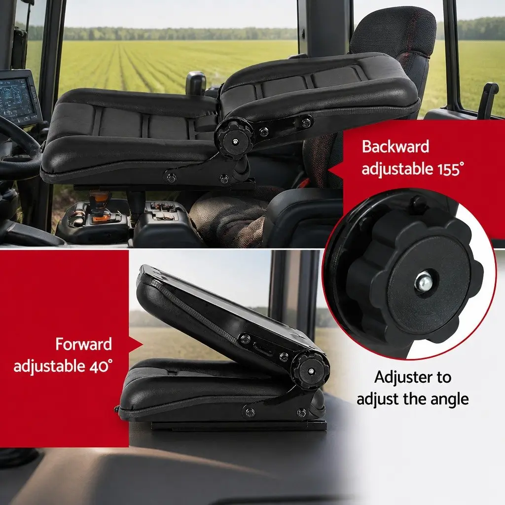 Adjustable Padded Chair Black Universal Seat for Tractors Forklifts Excavators with Steel Frame PU Leather