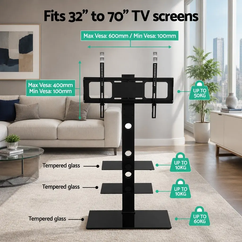 TV Stand Mount Bracket 32"-70" Adjustable Height 3 Tier Glass Storage Shelf
