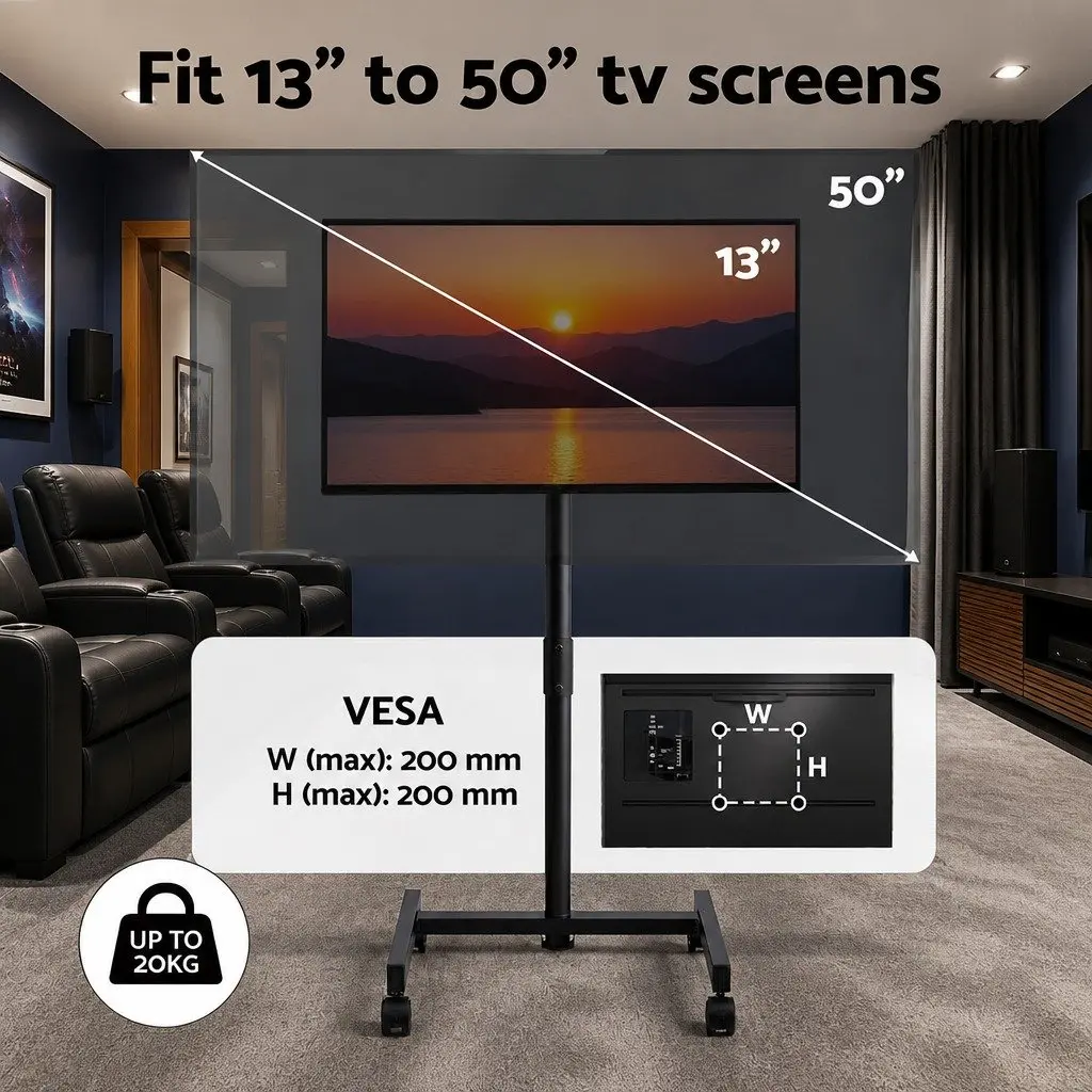 TV Stand 13-50 Inch Adjustable Height Tilt Mobile Black