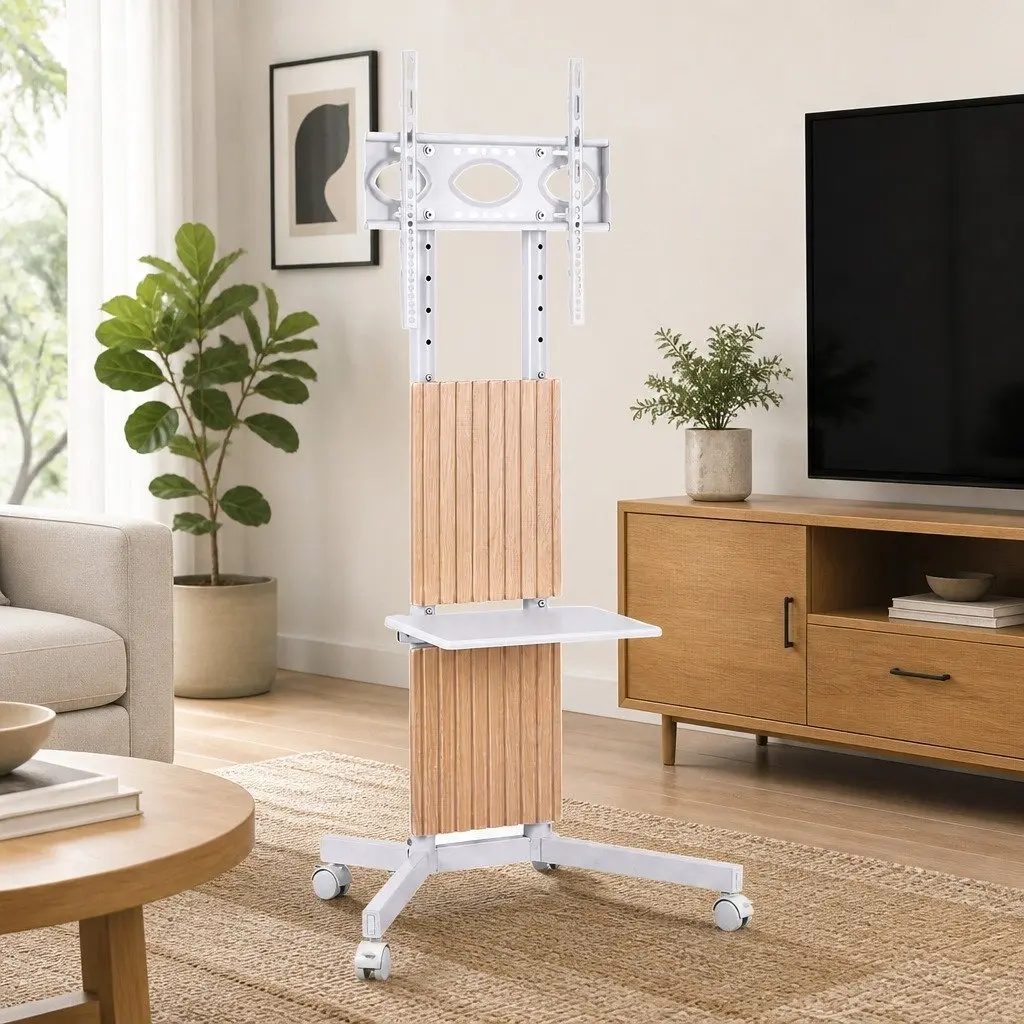 Mobile TV Floor Stand 32-65 Inch Adjustable Height Rolling Unit with Lockable Wheels