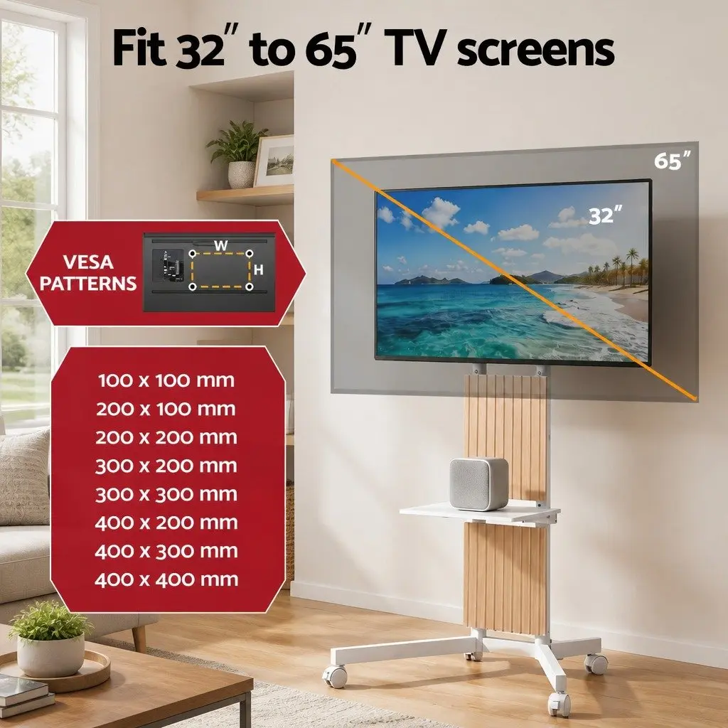 Mobile TV Floor Stand 32-65 Inch Adjustable Height Rolling Unit with Lockable Wheels
