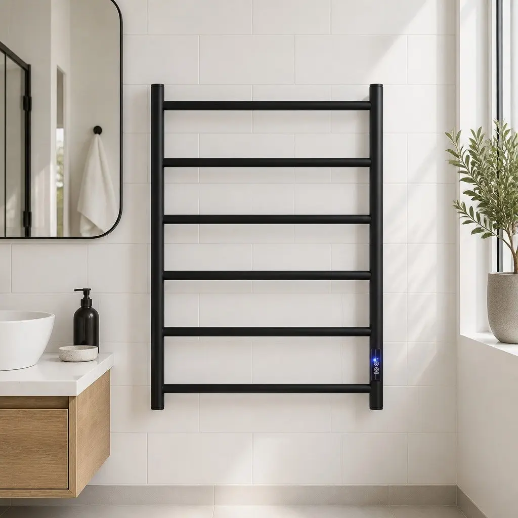 Heated Towel Rail 6 Round Bars Electric Warmer Rack with Timer Black