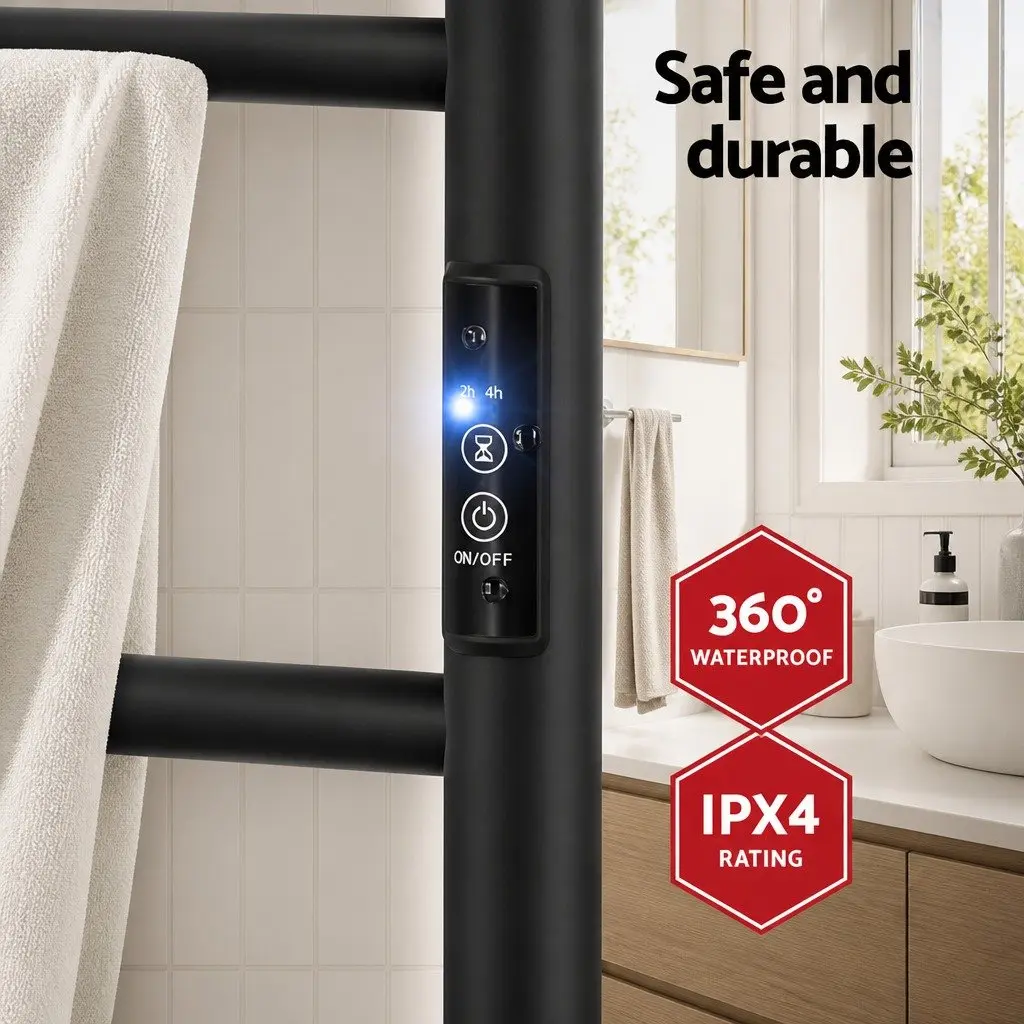Heated Towel Rail 6 Round Bars Electric Warmer Rack with Timer Black