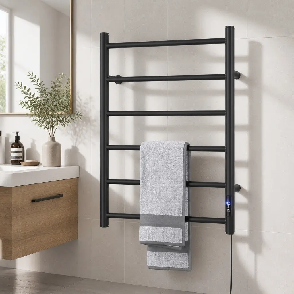 Heated Towel Rail 6 Round Bars Electric Warmer Rack with Timer Black