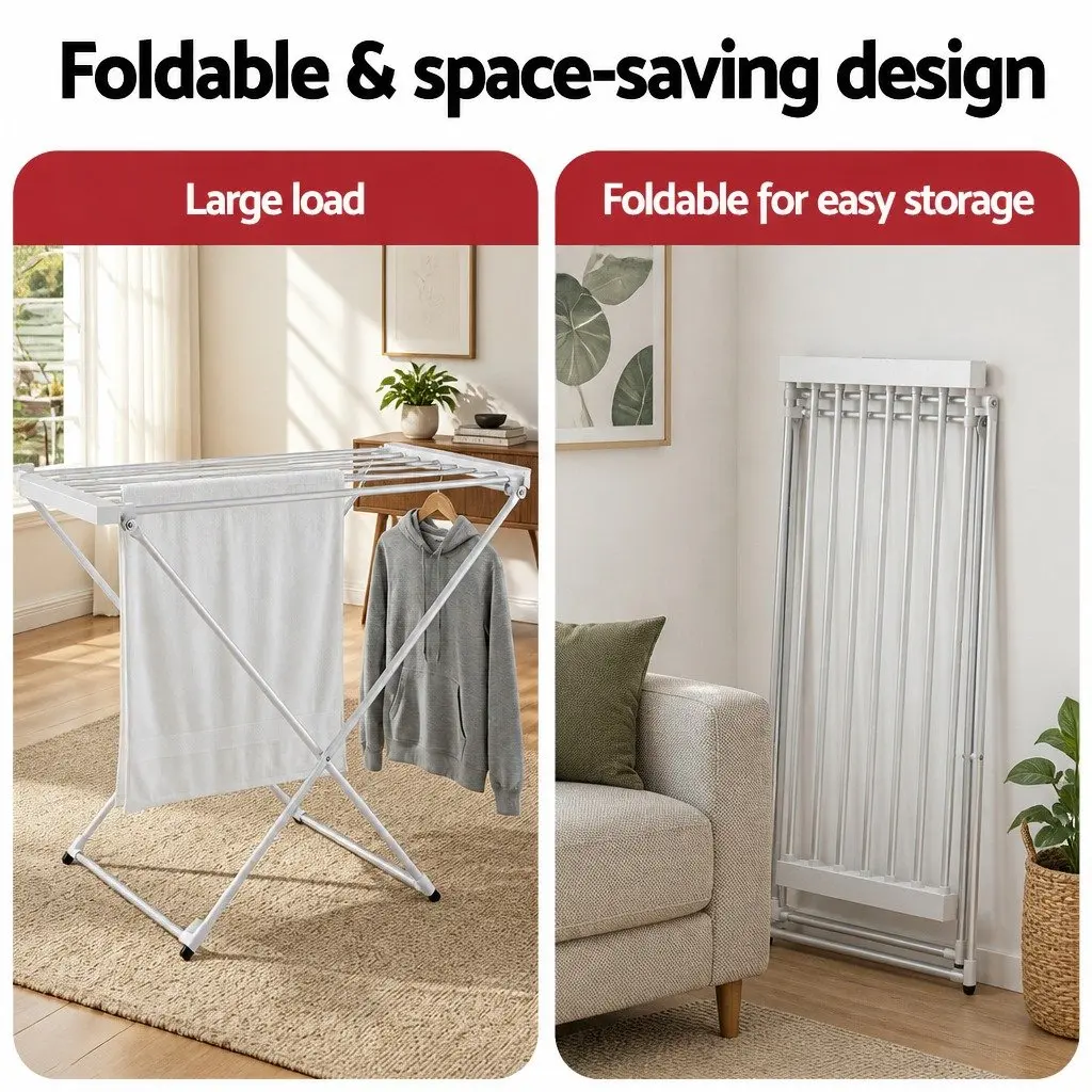 Heated Towel Rail 8 Bars Foldable Electric Clothes Airer Silver