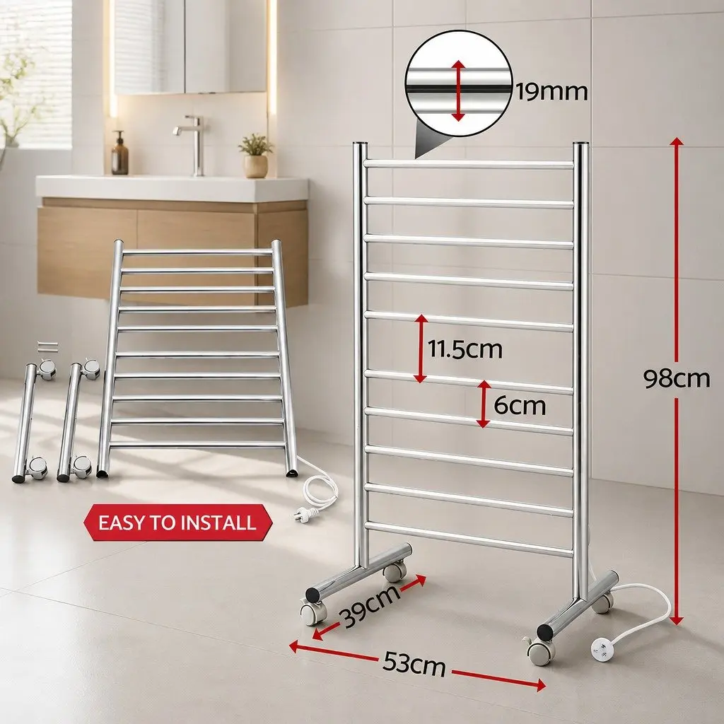 Heated Towel Rail 10-Bar Freestanding Stainless Steel Fast Heating 40-55°C 100W Waterproof Switch
