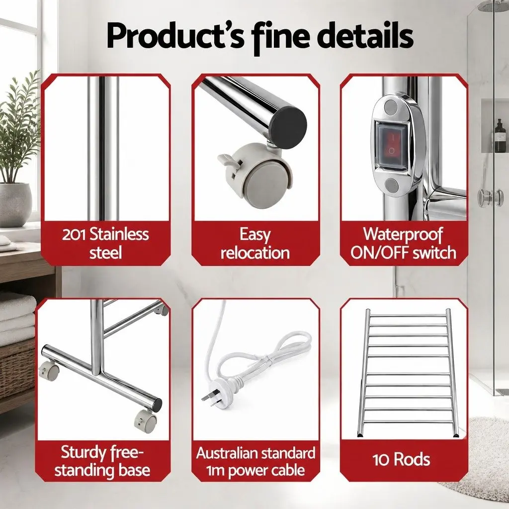 Heated Towel Rail 10-Bar Freestanding Stainless Steel Fast Heating 40-55°C 100W Waterproof Switch