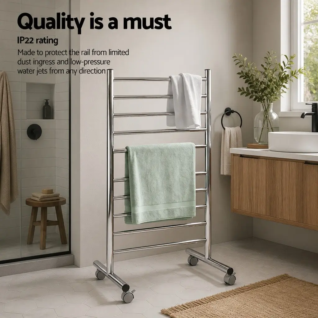 Heated Towel Rail 10-Bar Freestanding Stainless Steel Fast Heating 40-55°C 100W Waterproof Switch