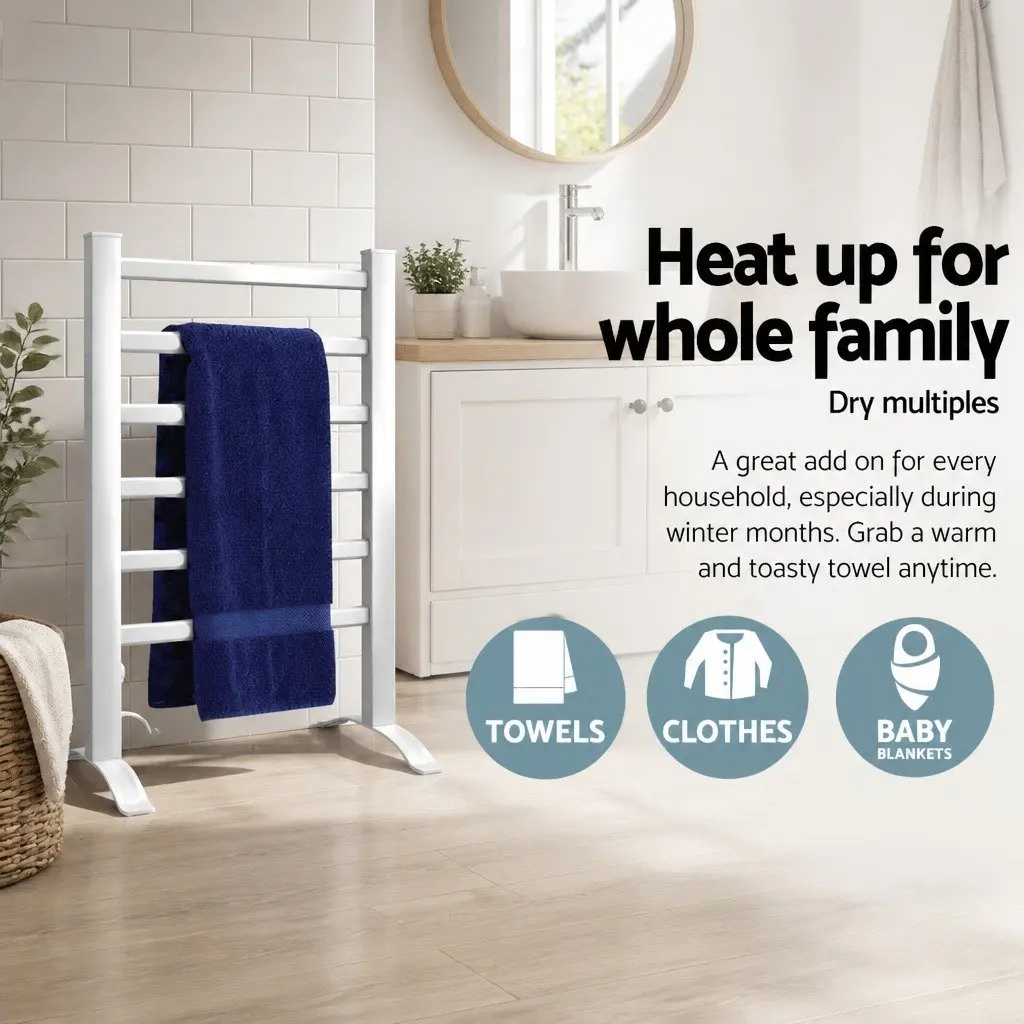 Electric Heated Towel Rail 6 Bars Freestanding Quick Drying Portable Aluminium