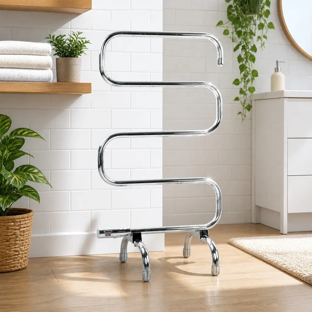 Electric Heated Towel Rail Rack 5 Bars Freestanding Quick Heat Polished Stainless Steel Silver