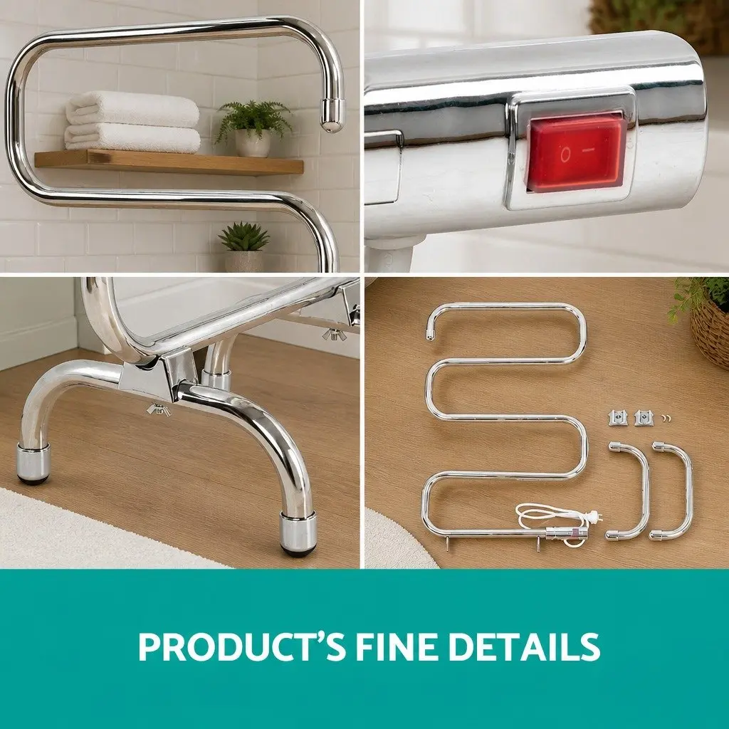 Electric Heated Towel Rail Rack 5 Bars Freestanding Quick Heat Polished Stainless Steel Silver