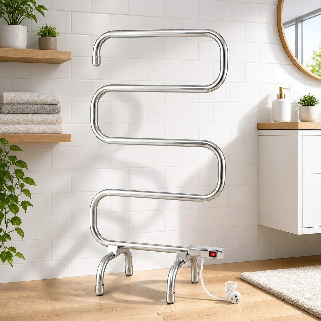 Electric Heated Towel Rail Rack 5 Bars Freestanding Quick Heat Polished Stainless Steel Silver