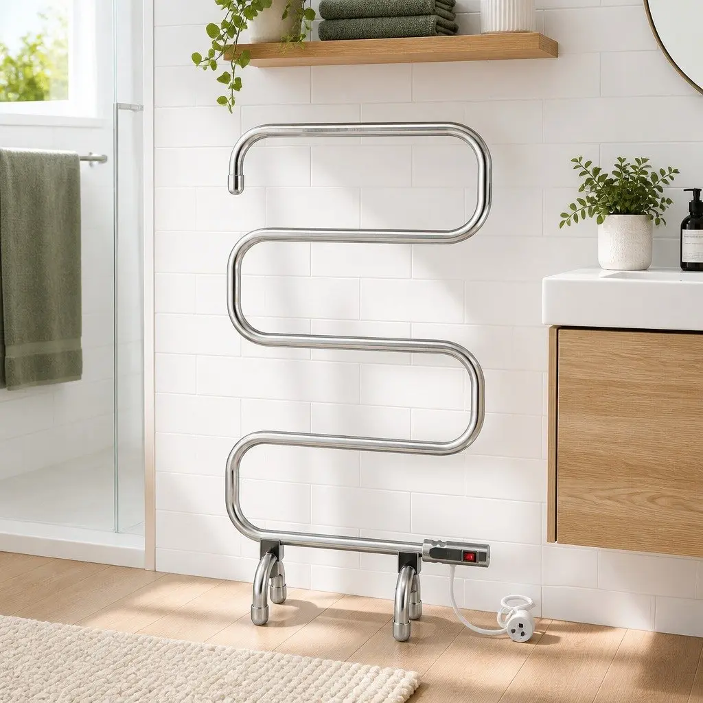 Electric Heated Towel Rail Rack 5 Bars Freestanding Quick Heat Polished Stainless Steel Silver