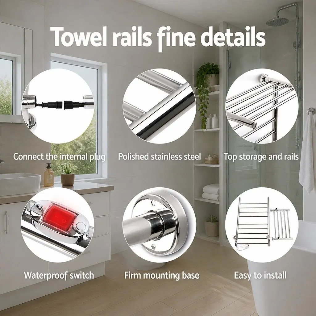 Electric Heated Towel Rail 14 Bars Wall Mounted Stainless Steel Quick Heat Up