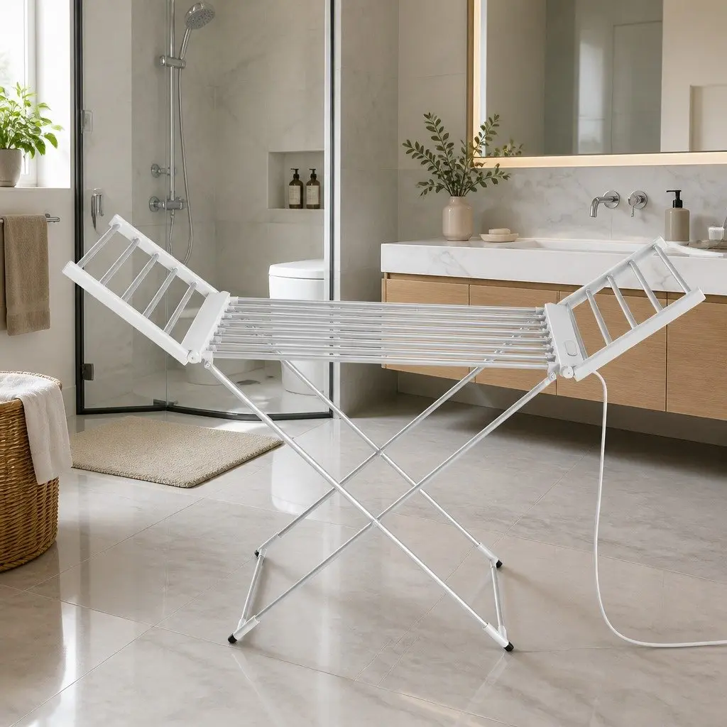 Electric Heated Towel Rail Rack 18 Rods Adjustable Temperature Programmable Timer Foldable Portable