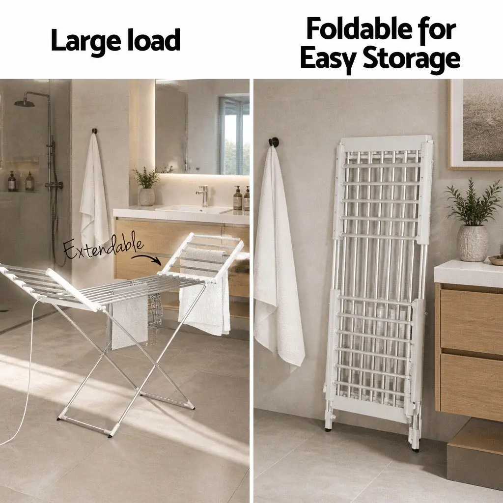 Electric Heated Towel Rail Rack 18 Rods Adjustable Temperature Programmable Timer Foldable Portable