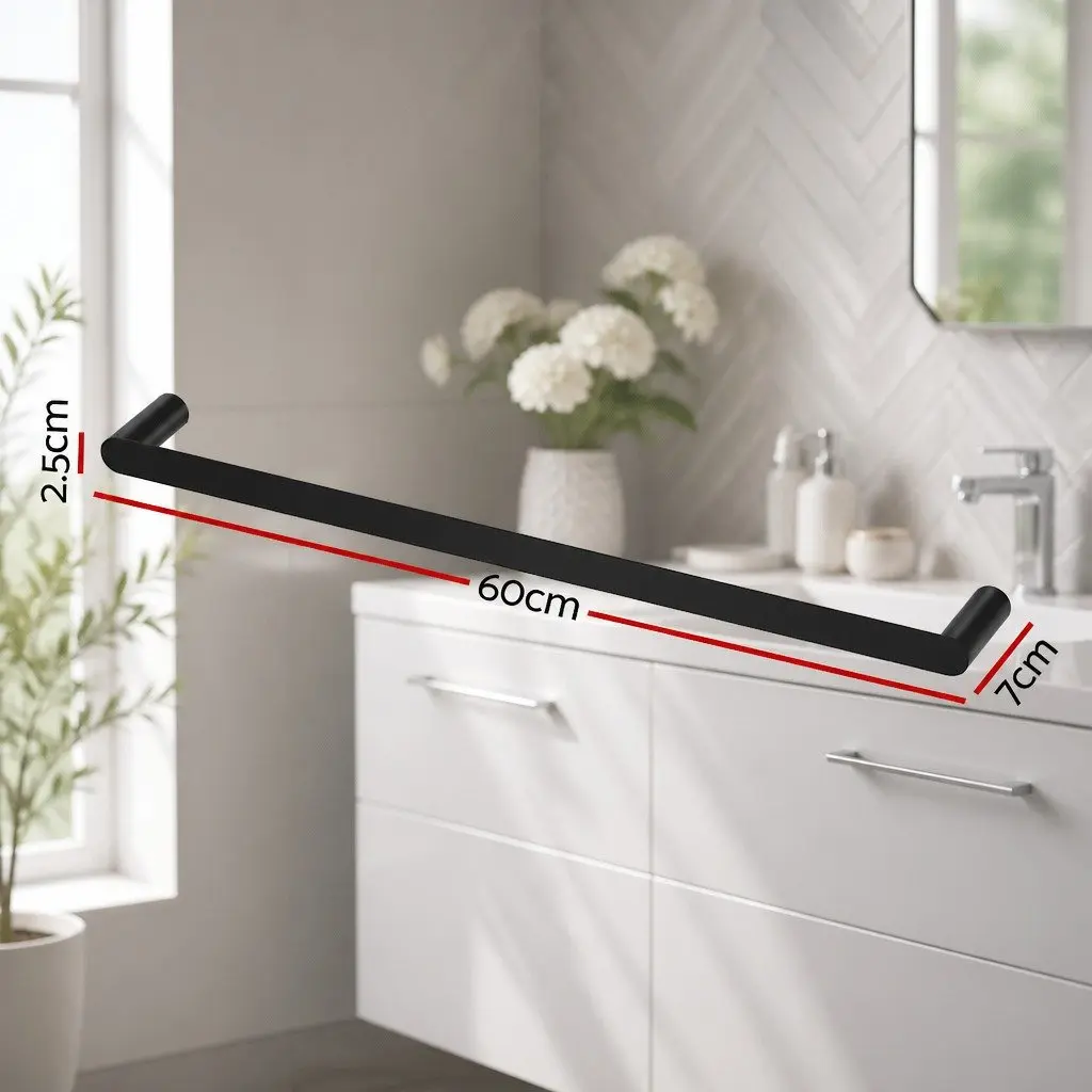 Towel Rail Rack Single 600mm Wall Mounted Black Bathroom Holder Stainless Steel