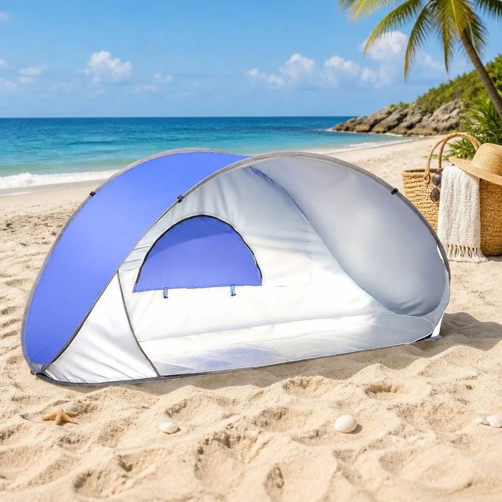 Pop Up Tent Instant Setup Family Camping Beach Outdoor 220cm x 90cm x 102cm Weatherproof Silver Coated Polyester