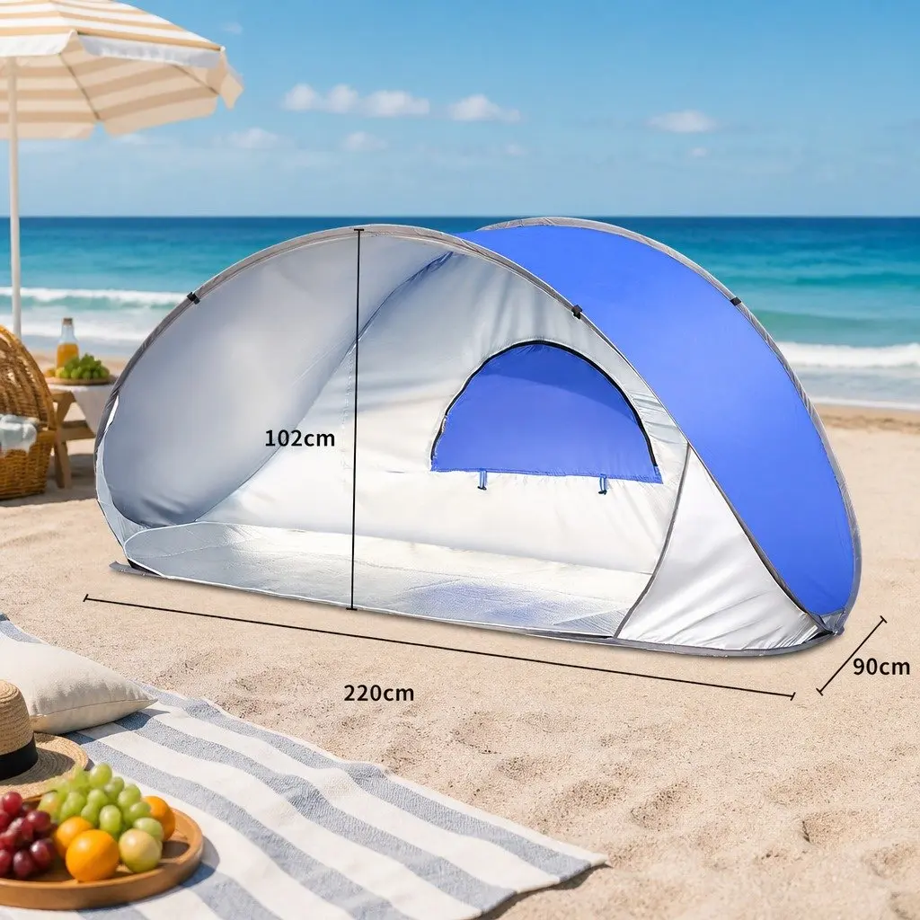 Pop Up Tent Instant Setup Family Camping Beach Outdoor 220cm x 90cm x 102cm Weatherproof Silver Coated Polyester