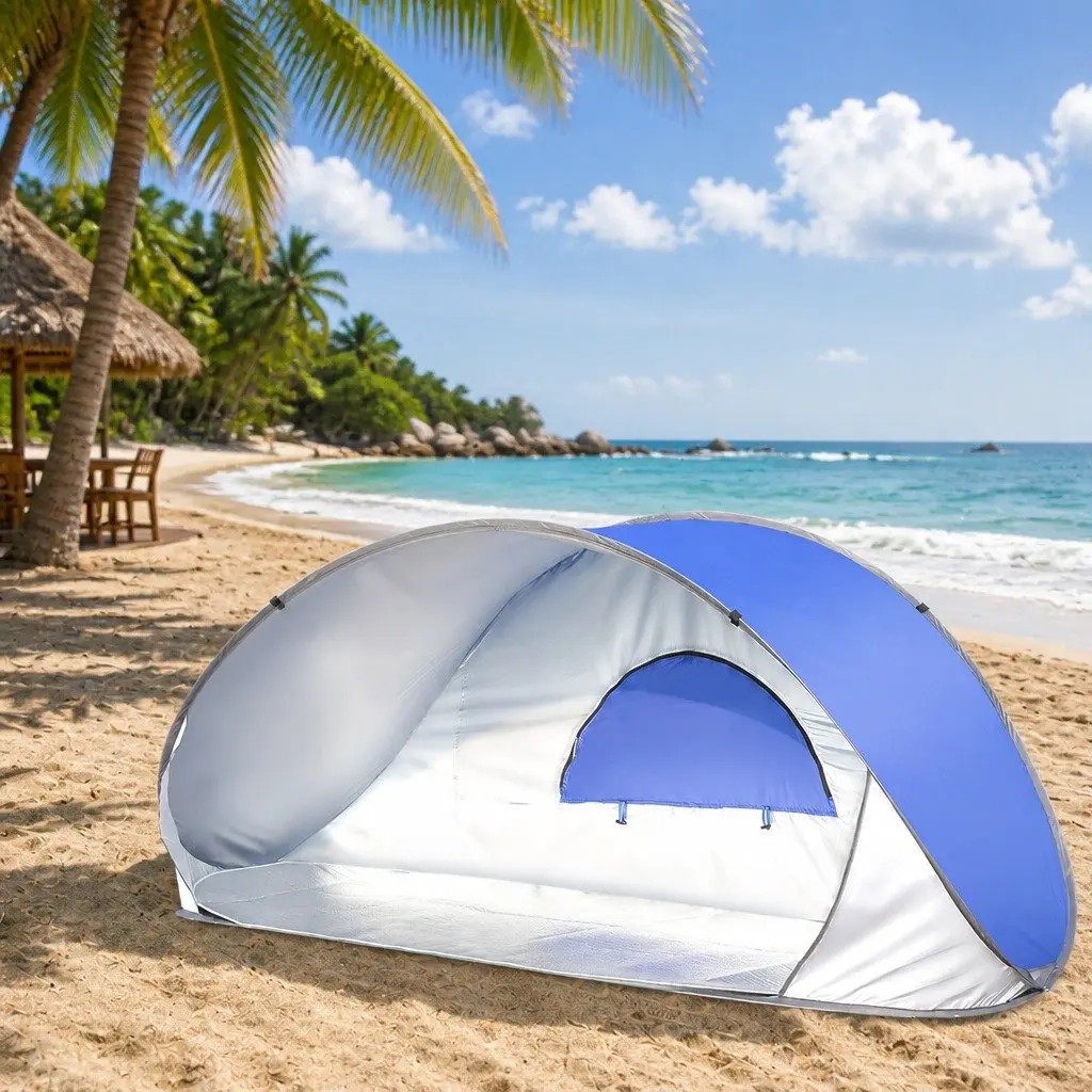 Pop Up Tent Instant Setup Family Camping Beach Outdoor 220cm x 90cm x 102cm Weatherproof Silver Coated Polyester