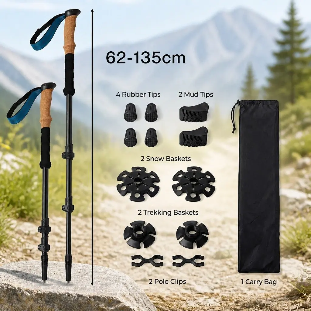 Trekking Poles Adjustable 62-135cm Lightweight Carbon Fiber Hiking Sticks with Natural Cork Handle and Shock Absorption for Outdoor Use